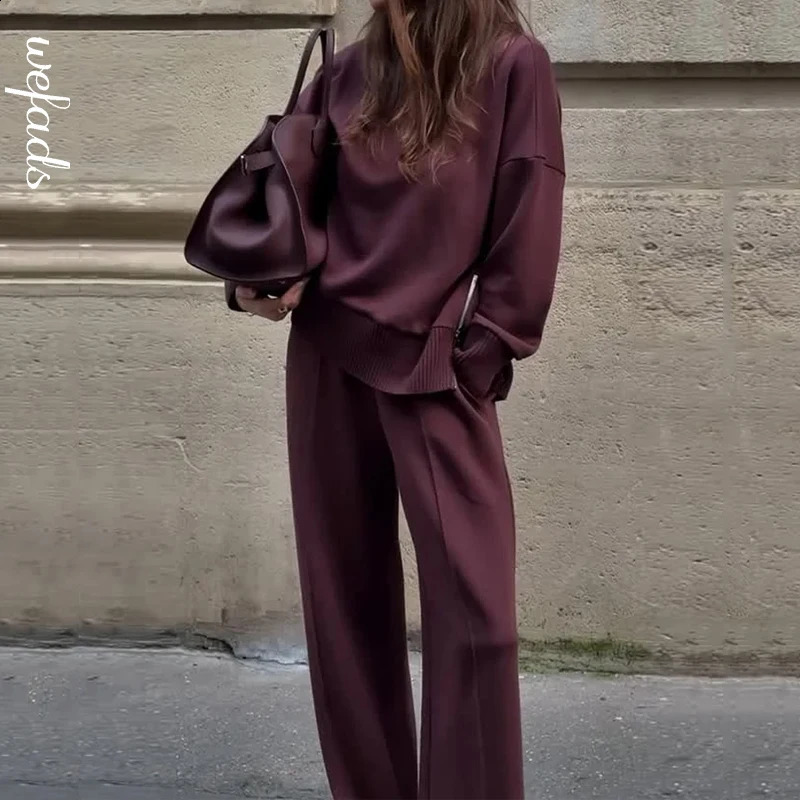 Wefads Women Autumn 2 Piece Set est Casual Simple Solid Long Sleeve Turtleneck Pullover Top Loose Wide Legs Pants Sets 250826