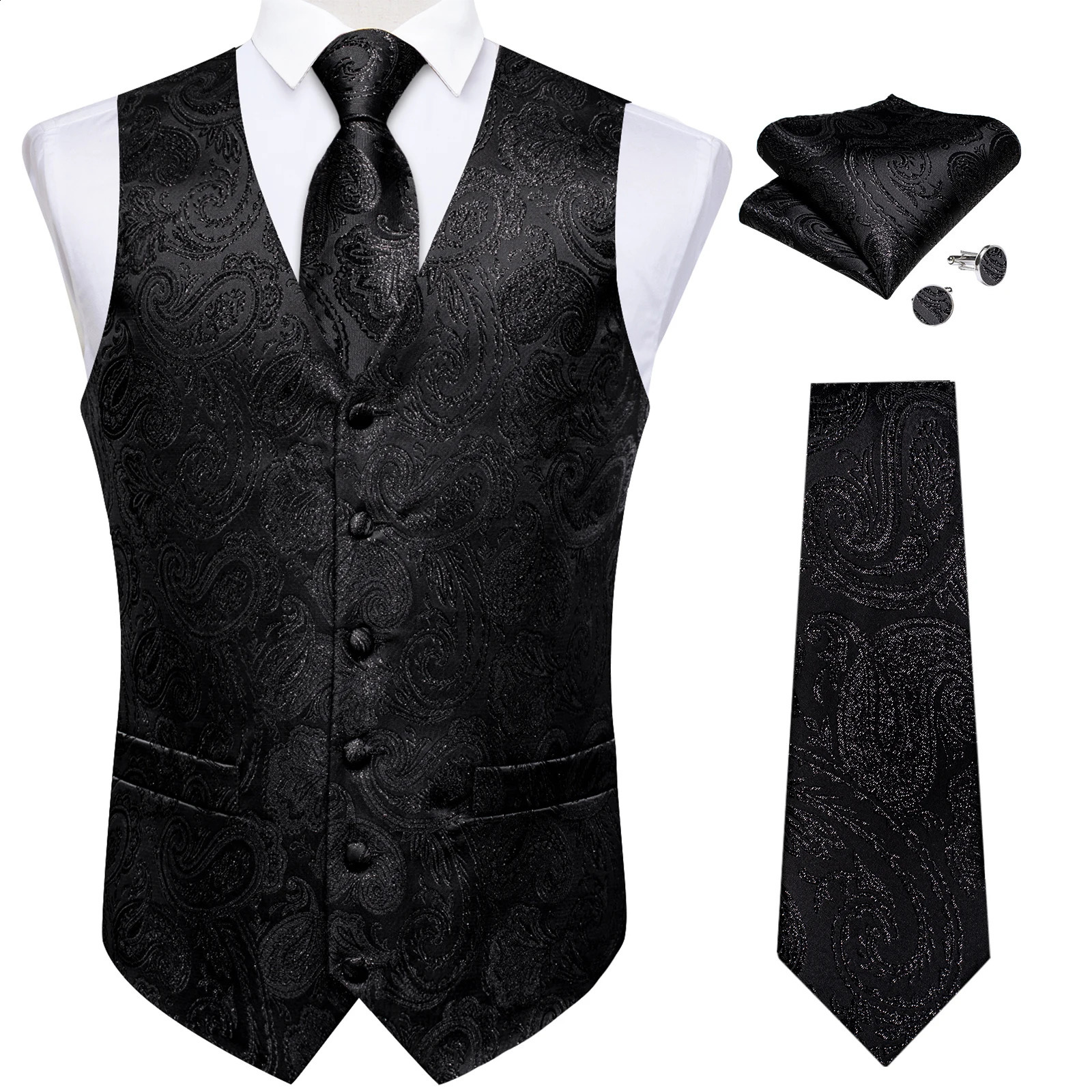 Paisley Mens Suit Vest Black Pink Prom Tuxedo Waistcoat Necktie Handkerchief Cufflink Sleeveless Jacket Vest250826