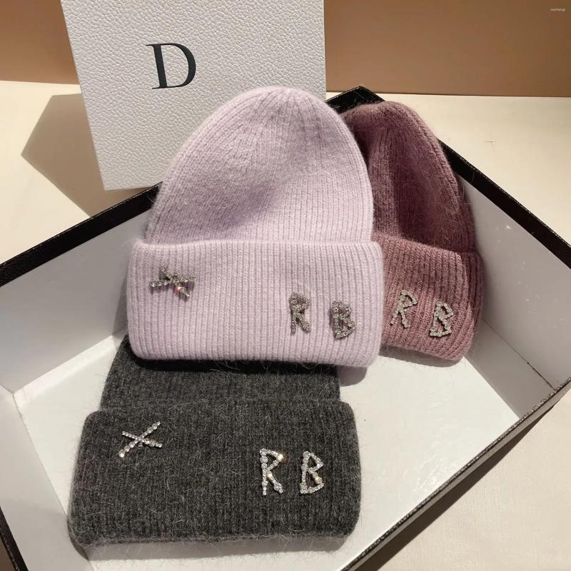 Berets Winter Warm Rabbit Fur Knitted Hat Diamonds Letter Beanies Hats For Women Famous Brand Lady Casual Bonnet Skiing Cap