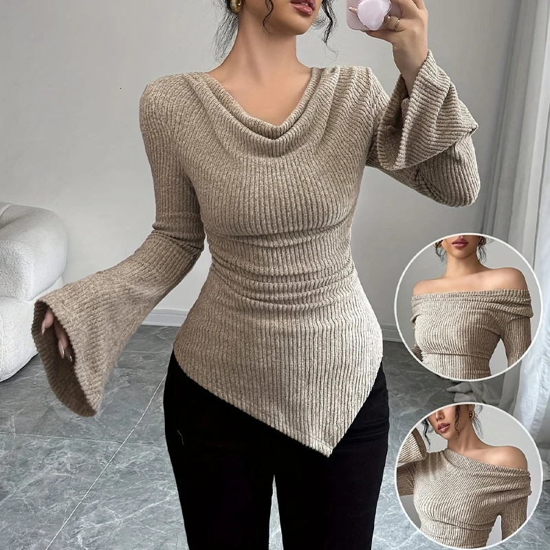 Women Autumn Winter Long Sleeve Y2K Crop Top Trendy Off Shoulder Asymmetrical Fitted Knit V Neck Tee Shirts Tops Streetwear 250826