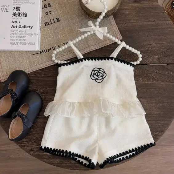 2-Piece Set Summer Kids Clothes Girls Floral Embroidered Strappy Top + Shorts Childrens Sets XJ250815