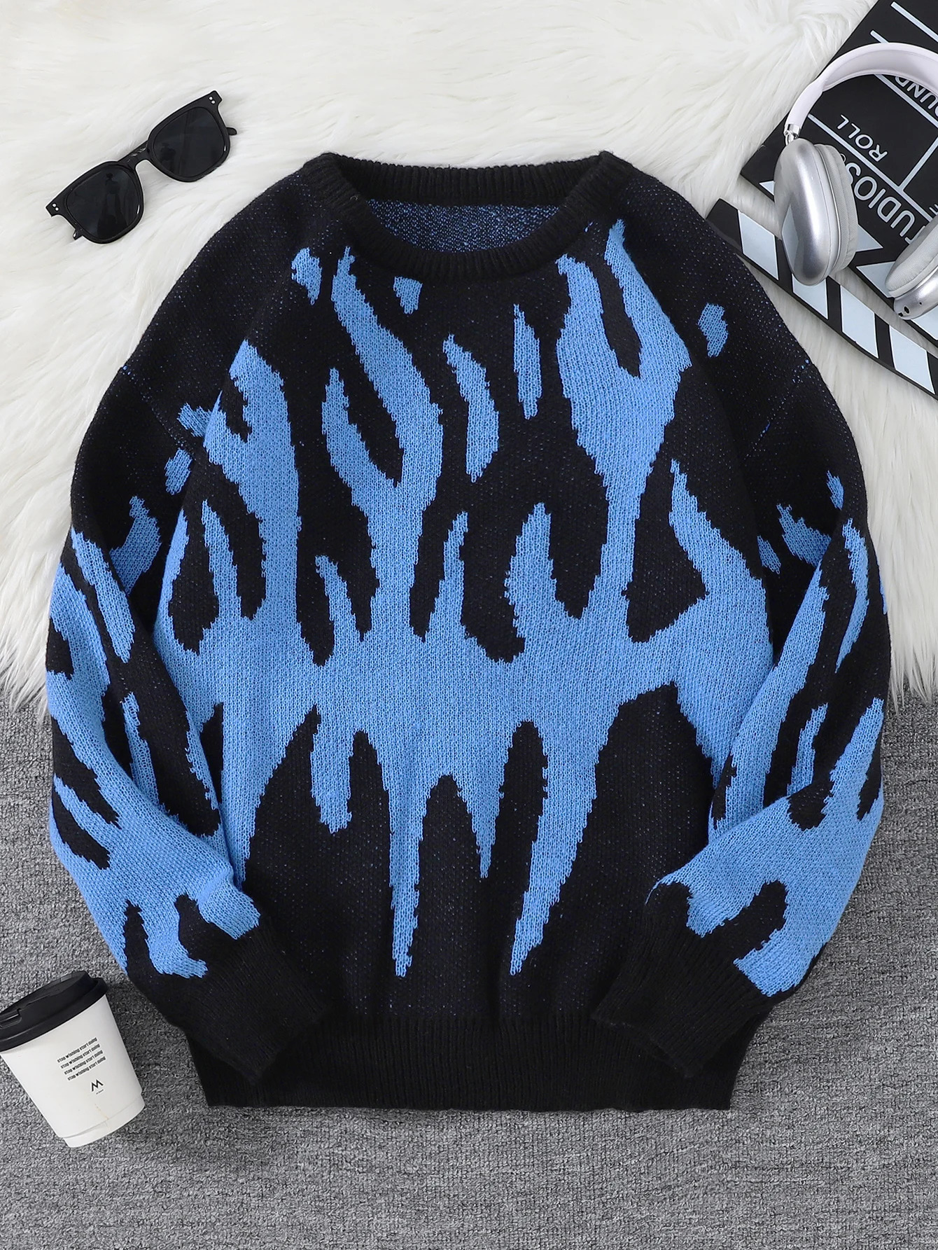 Fire Pattern Pullover Ripped Sweater Casual Round Neck Knitted Mens Gift Pullover250825
