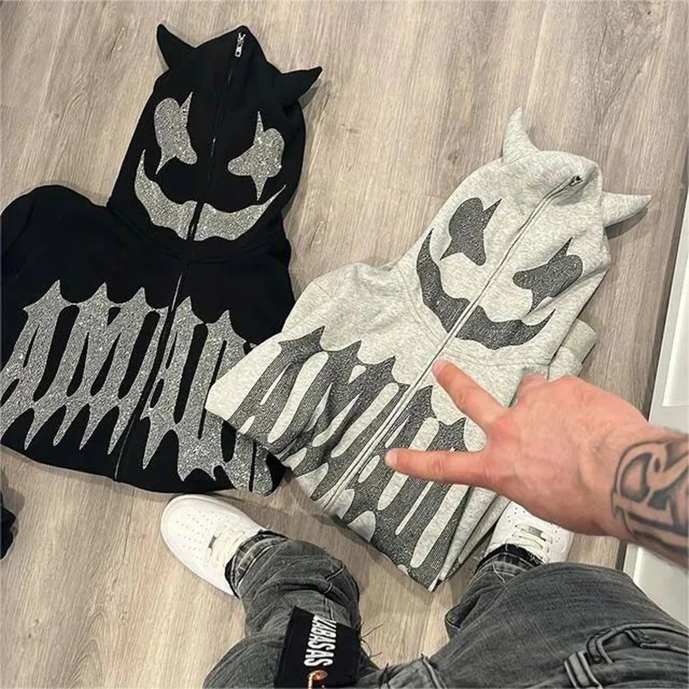 Price shown before tax Rhinestone Full Zip Hoodie Skeleton Goth Sweatshirt Pull Long Sleeve Black Hoodies Y2k Fashion Mens Wome 250826