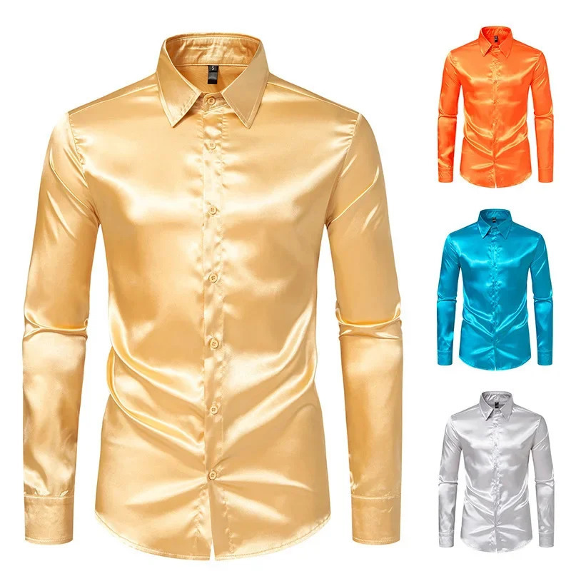 2024 CrossBorder Spring And Autumn Mens Wear Mens Satin Nightclub Style Solid Color Bright Face Trendy Long Sleeve Shi250825