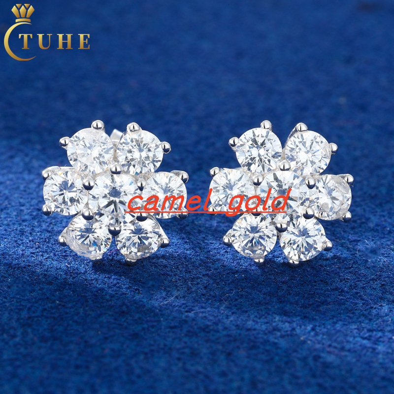 Engagement Gift Flower Cluster Stud Earrings White Gold 925 Sterling Silver VVS Moissanite Halo Fashion Jewelry