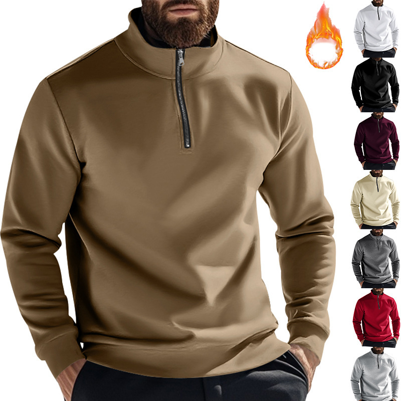 New Autumn t shirt and Winter Sweatshirt Casual Zipper Stand Collar Fleece Solid Color Men's Jacket