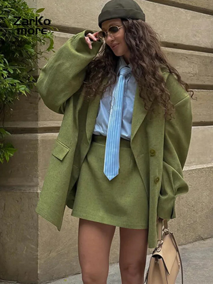 Fashion Solid Lapel Suits Skirts Sets Women Loose Double Breasted Long Sleeve Jacket Short Skirt 2025 Autumn Lady Suit Coats 250826