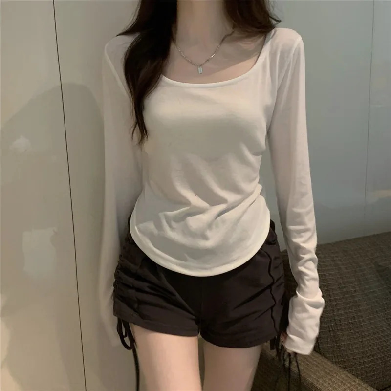 Square Neck Long Sleeve TShirt Women Spring Autumn Irregular Hem Slim Casual Top Winter Solid Bottom Shirts Korean 250826