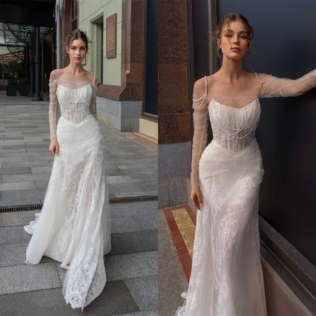 Elegant A Line Women Wedding Dress Sweetheart Neck Long Sleeves Bridal Gowns Lace Beading Sweep Train Dress Customized vestidos de novia