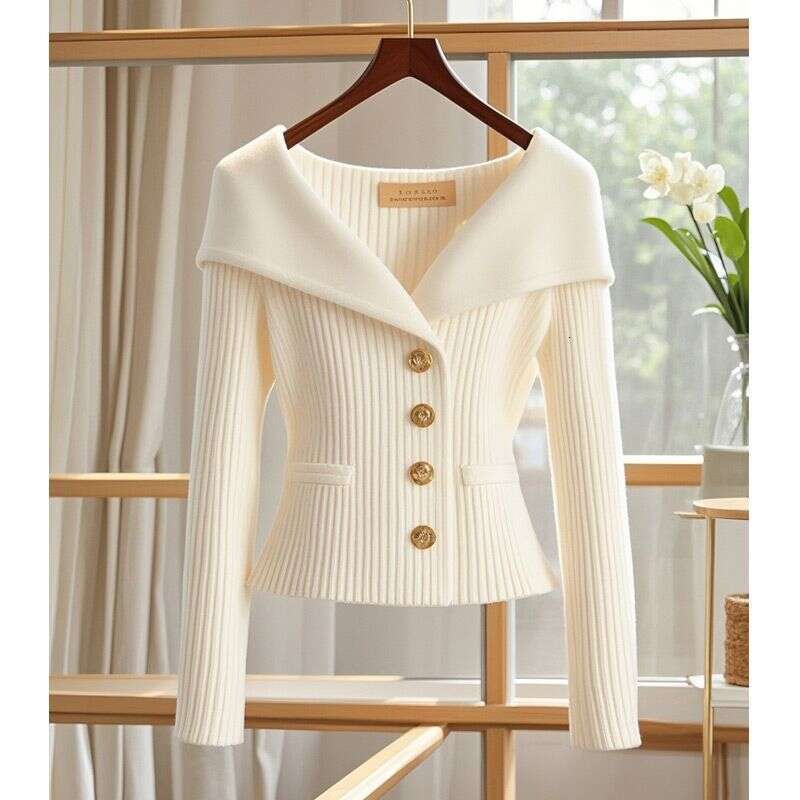 Women's Clothing white sweater jacket for women, high end design, niche temperament, celebrity waist knitted top, new autumn style
