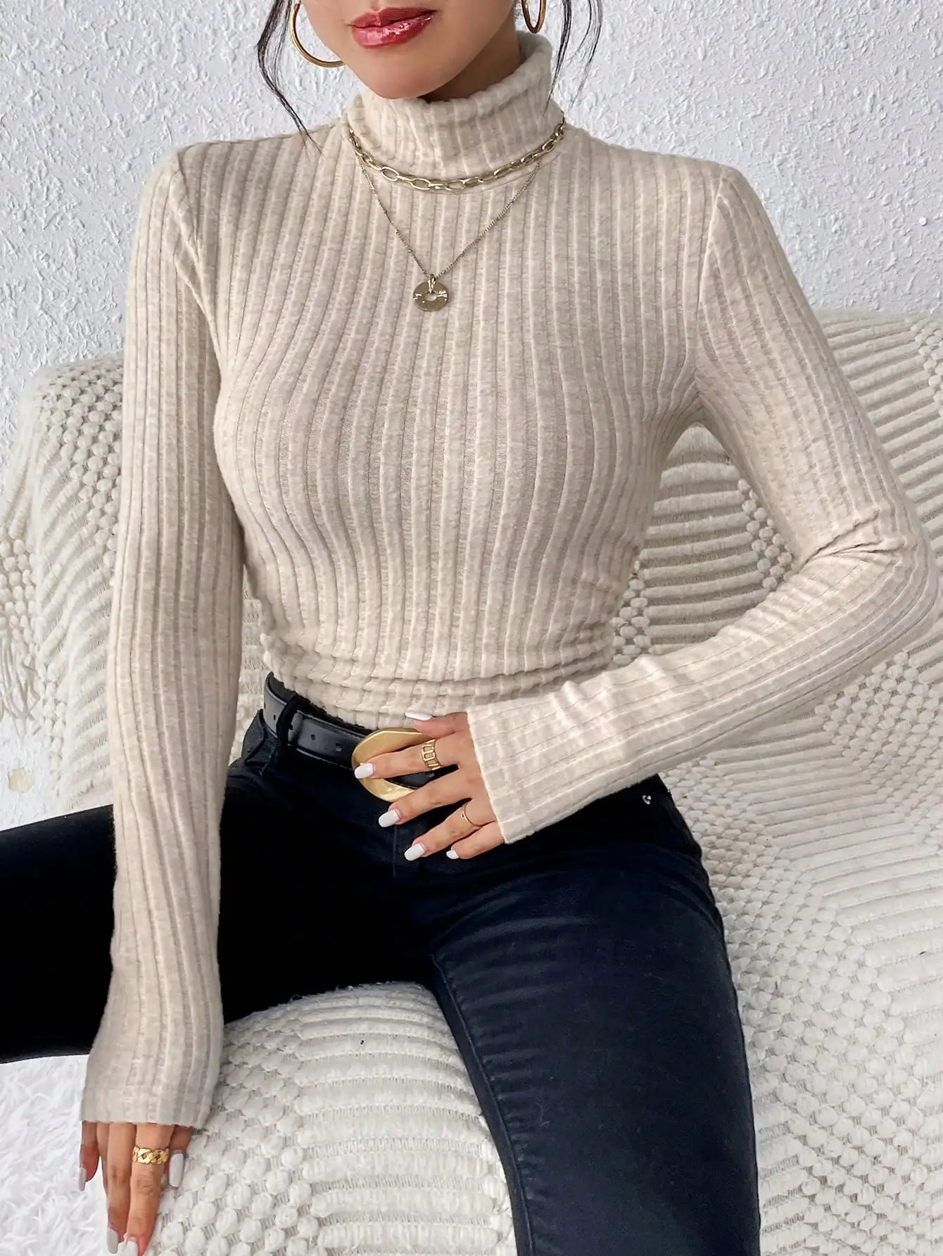 Autumn and Winter Sexy Texture Pit Stripe Slim Knit Long Sleeve Womens tshirt High Neck Tops Casual 250825