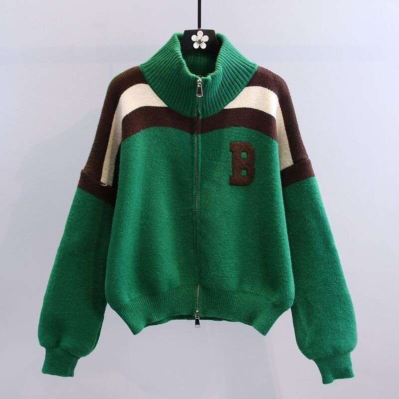 Women's Clothing autumn new Korean loose lazy style knitted cardigan color matching letter half turtleneck sweater jacket for women