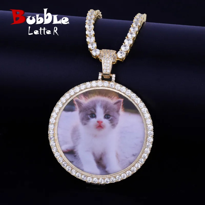 Bubble Letter Custom Circle Po Medallions Necklace Pendant Gold Color Cubic Zircon Mens Hip Hop Jewelry250821