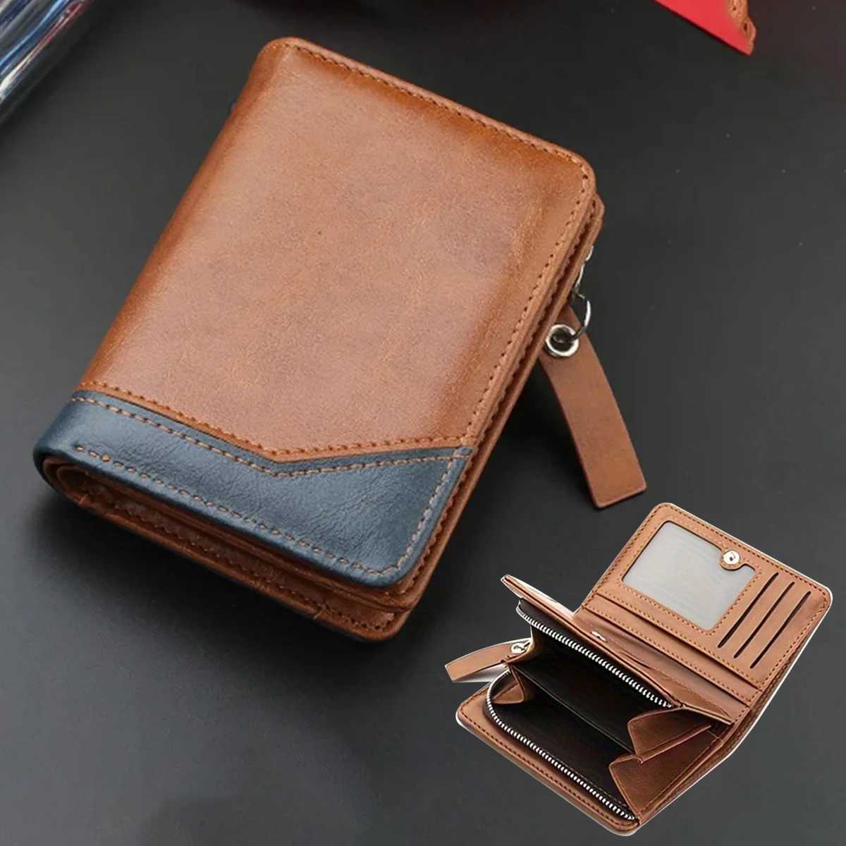 2024 New Mens PU Leather Short Wallet With Zipper Coin Pocket Vintage Large Capacity Male Short Money Purse Card Holder W250826