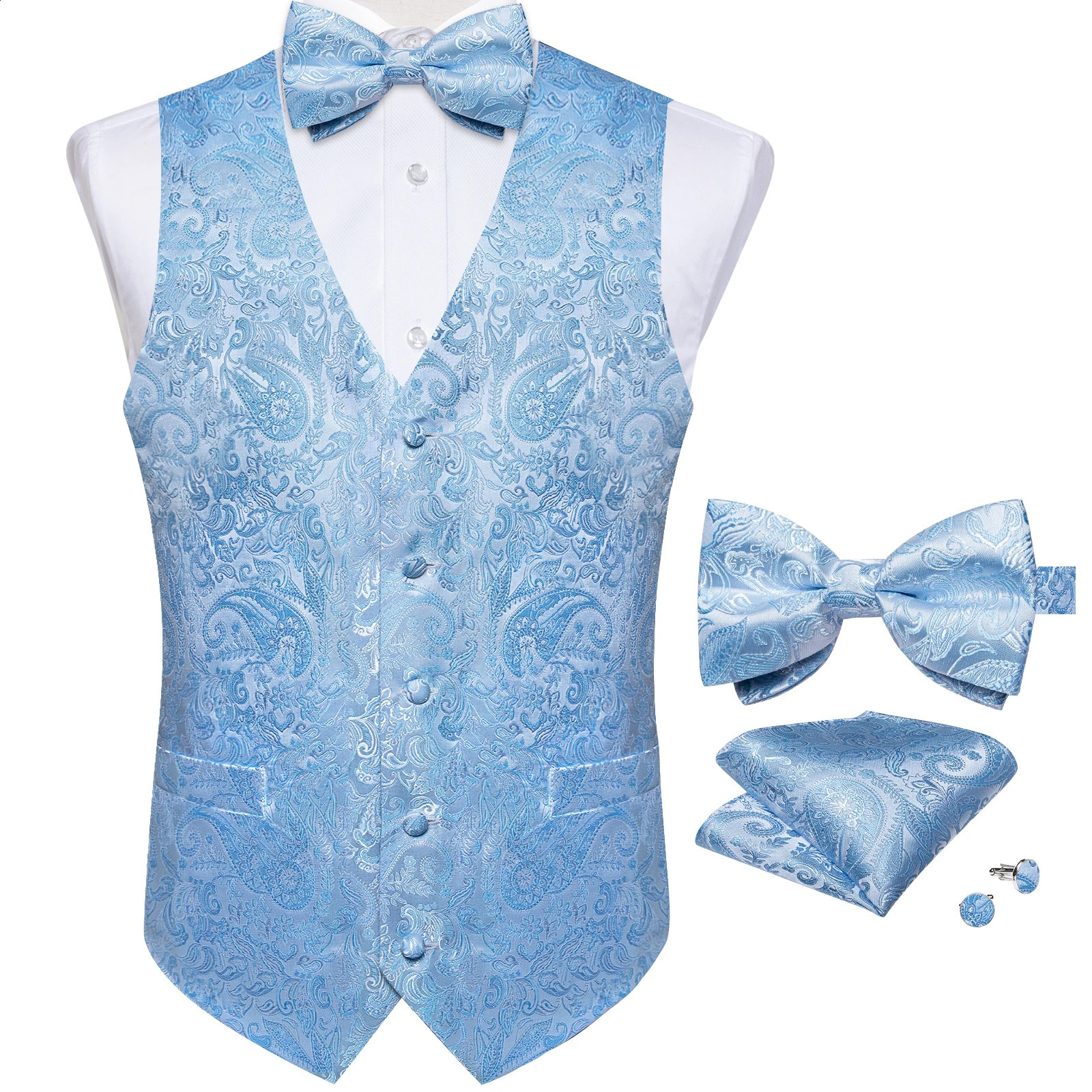 Suit Vest With Bow Tie Pocket Square Cufflinks Light Blue Black Red Paisley Wedding Prom Tuxedo Waistcoat for Men250826