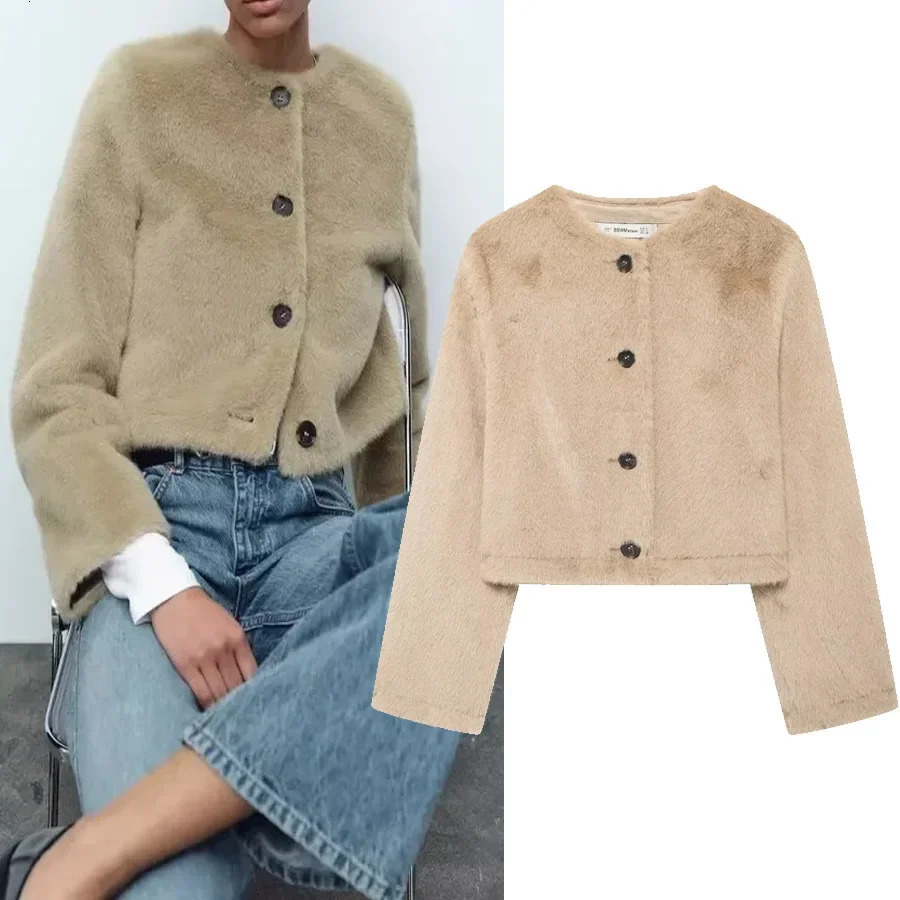 SAW Independent Station European Style Womens Fashionable Elegant Artificial Fur Effect Jacket Crew Neck Thin 250825