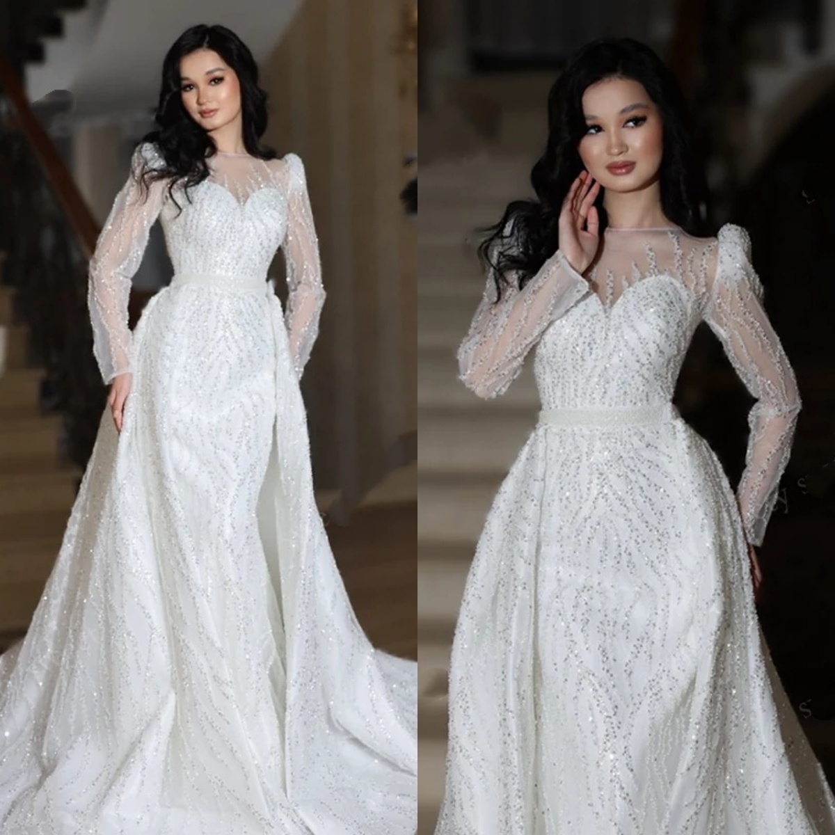 Classic Mermaid Wedding Dress Sheer Neck Long Sleeves Bridal Gowns Sequins Appliques Detachable Train Dresses Custom Made vestidos de novia