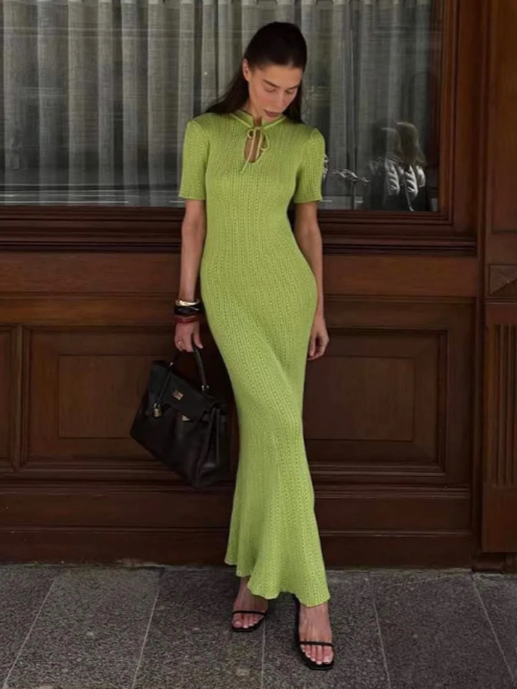 TARUXY Short Sleeve Knitted Long Dress Female Slim Hollow Retro Elegant Sweater Dress 2025 Summer High Waist Women's Dress250825