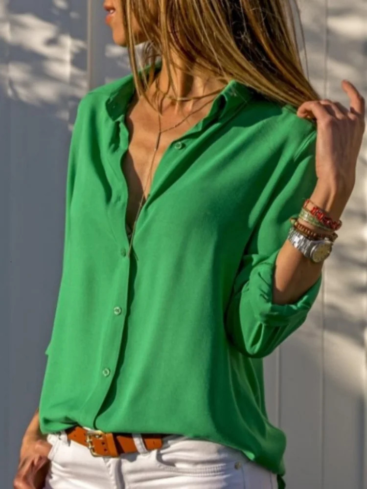 Women Elegant Solid Chiffon Blouse Spring Summer Casual Long Sleeve V Neck Loose Shirt Office Lady Tunics Oversized Tops 250825