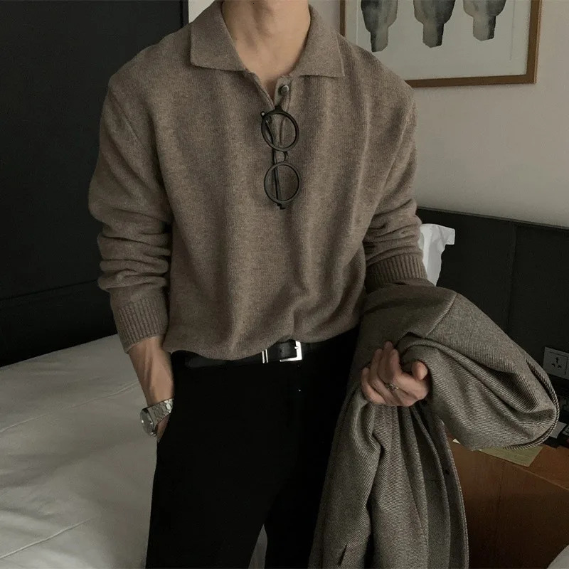 Men Korean Style Polo Neck Sweater Light Knitted Long Sleeve Pullover Casual Solid Color Streetwear Leisure Knitwear250825