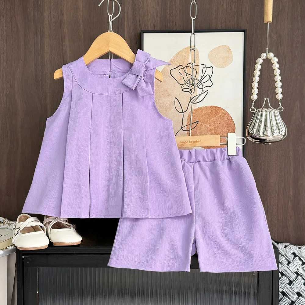 Summer Fashion New Kids Clothes Bow Sleeveless O-Neck Top + Shorts 2 Pcs Set 3-7 Years Girl Solid Color Daily Casual Wear XJ250815