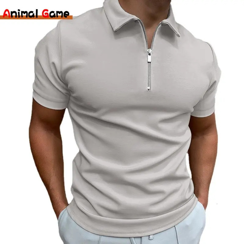Summer Mens Solid Color Polo Shirt Short Sleeve Turn-Down Collar Zipper Tshirts for Men Casual Streetwear Male Tops250825