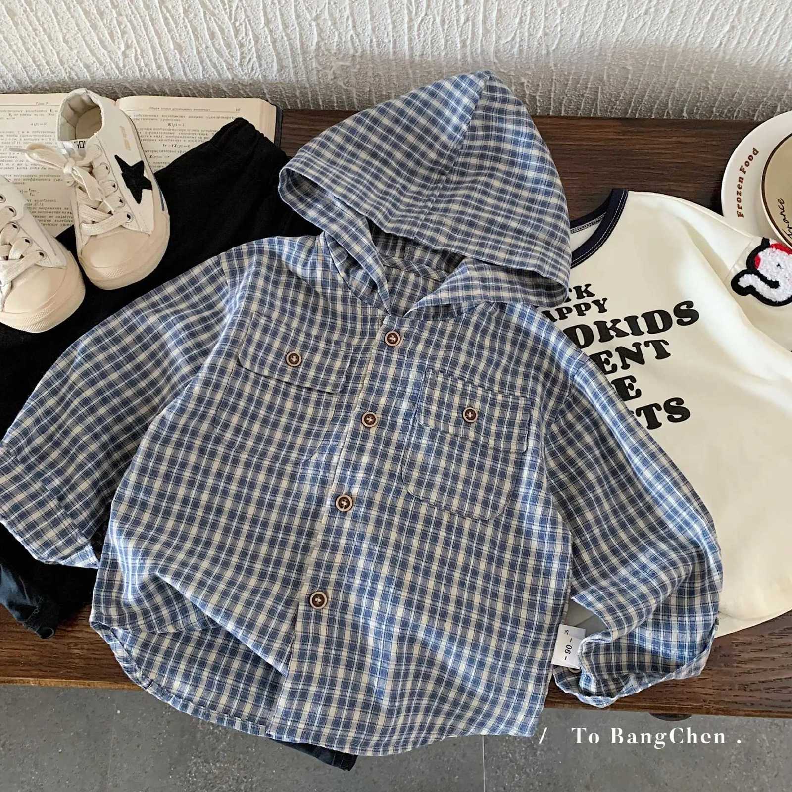 Toddler Boys Autumn Coats Retro Plaid Button Pocket Kids Baby Boys Hooded Outerwear Singlebreasted Long Sleeves Baby Boys Tops Z250826