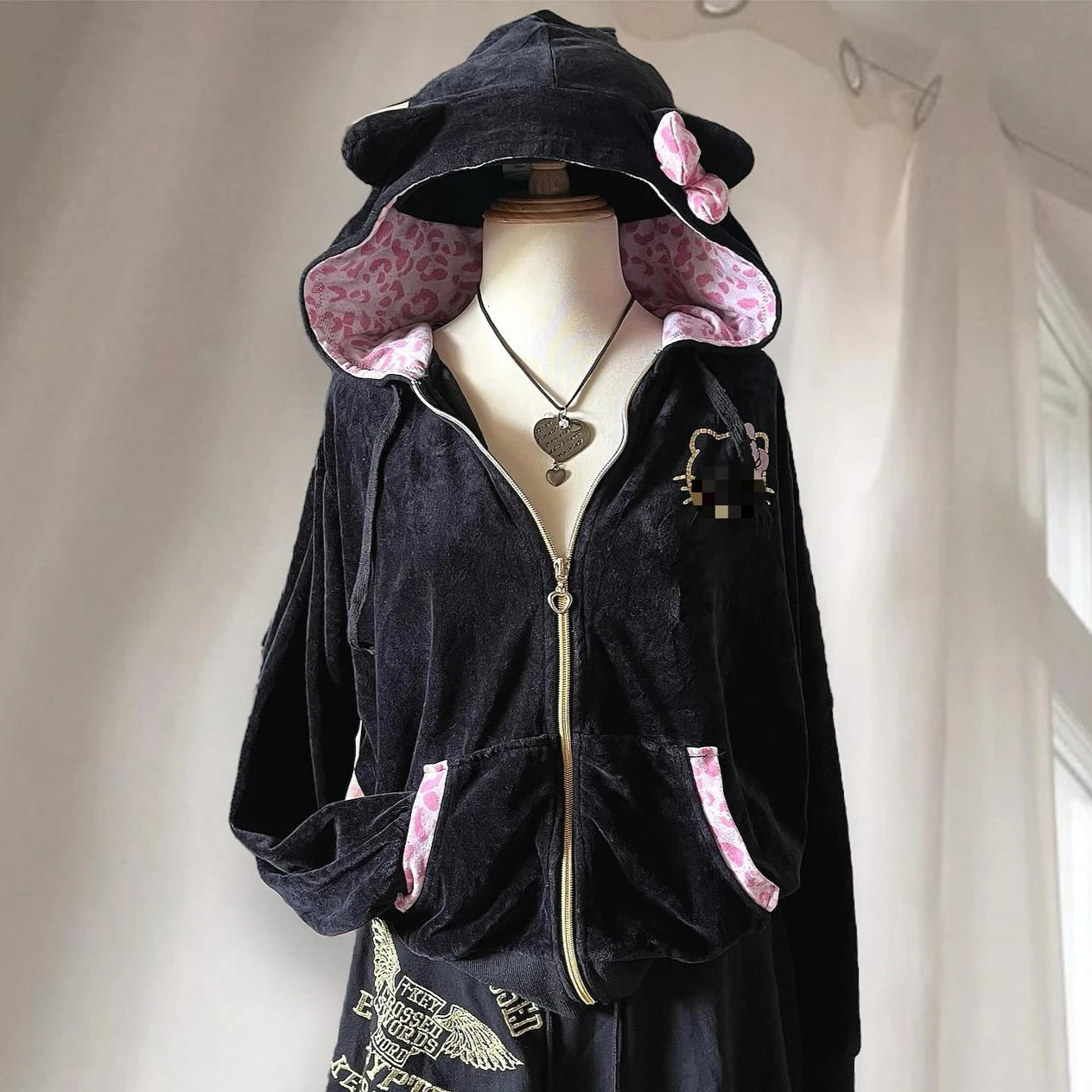 Streetwear Y2K Womens Pullover Hoodie Retro Harajuku Pink Leopard Print Patchwork Sweatshirt Fashion Trend Sportswear Hoodie Top250825