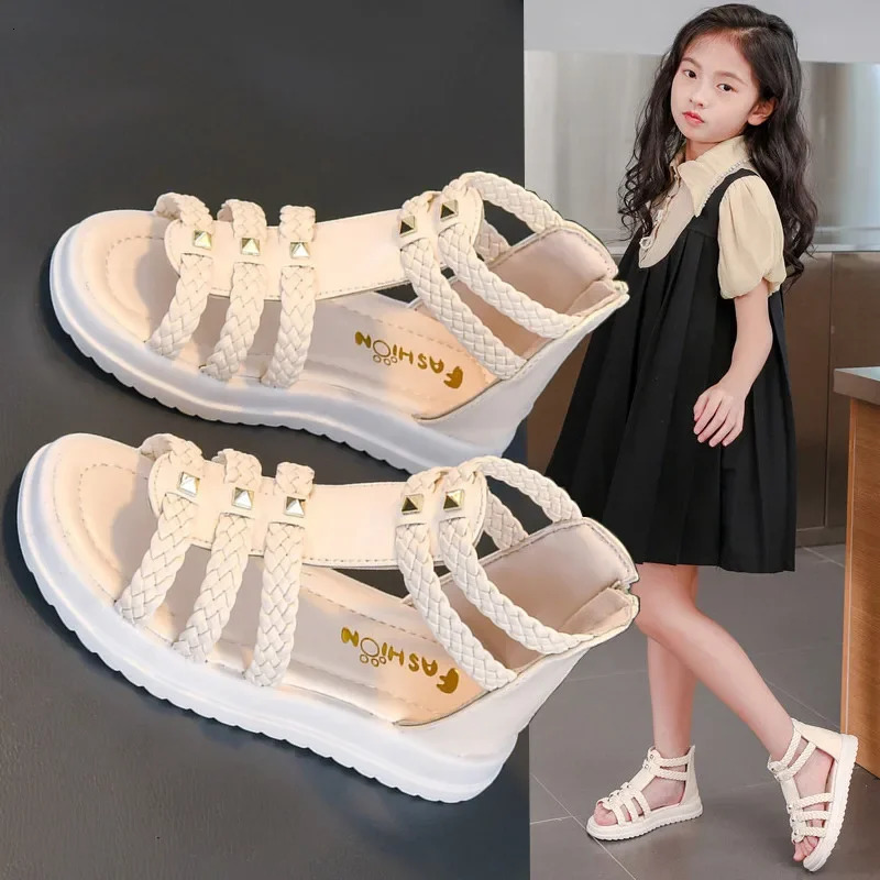 Girls Roman Sandals Open Toe Braided Solid Color Hightop Simple Rivets Summer Hollow Flat Casual Shoes Kids Fashion Casual250825