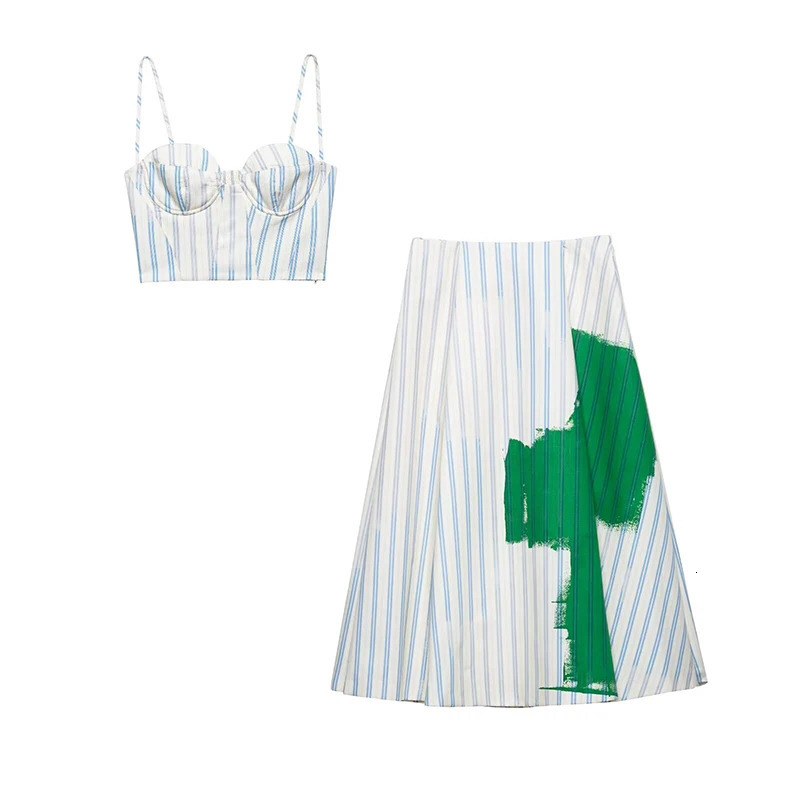 Willshela Women Fashion 2 Piece Set Striped Backless Pleated Tops Vintage Side Zipper Mini Skirt Female Chic Lady Skirts Set 250825BJ