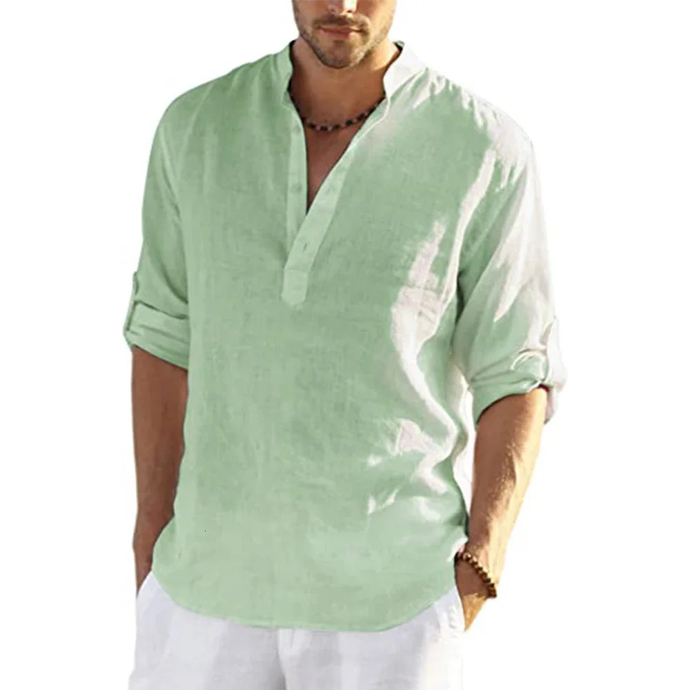 Cotton Linen Men LongSleeved Shirts Summer Solid Color StandUp Collar Casual Beach Style Plus Size 250825