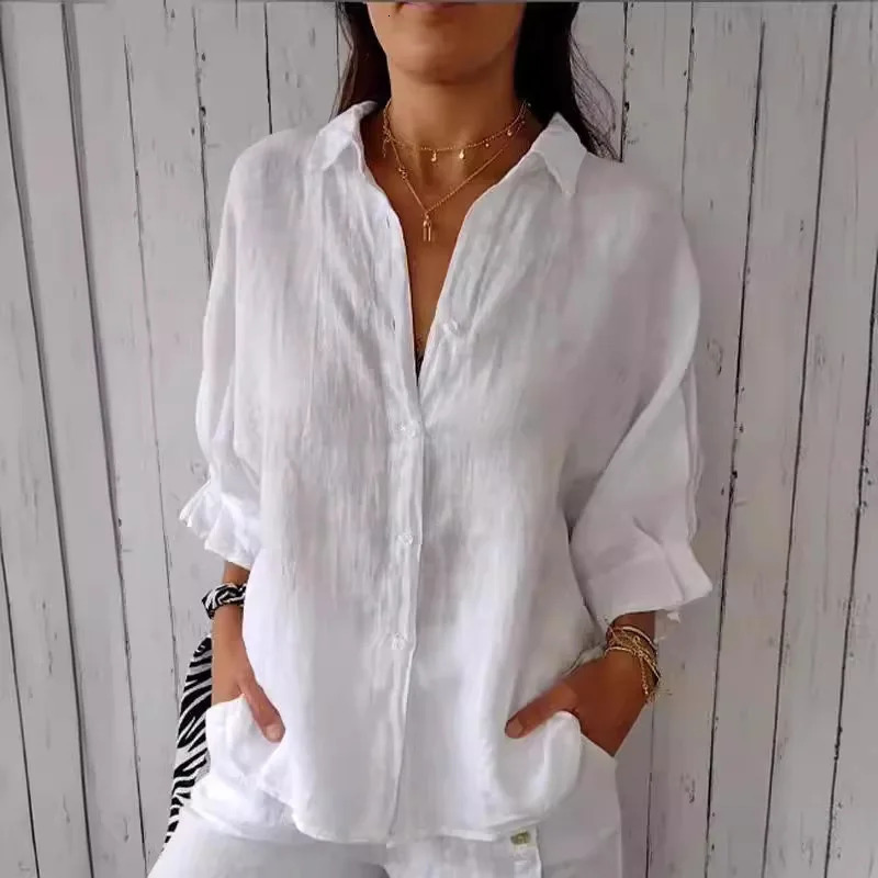 Women Turn Down Collar Long Flare Sleeve Button Tops Casual Back Lace Up Loose Business OL Workwear Blouse Shirts NMD2250825