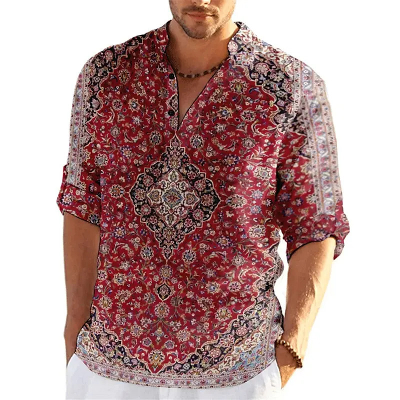 Autumn Flower 3D Print Henley Shirts Mens Fashion Vintage Floral Stand Collar Long Sleeve Shirt Tops Blouse Man Clothing250825