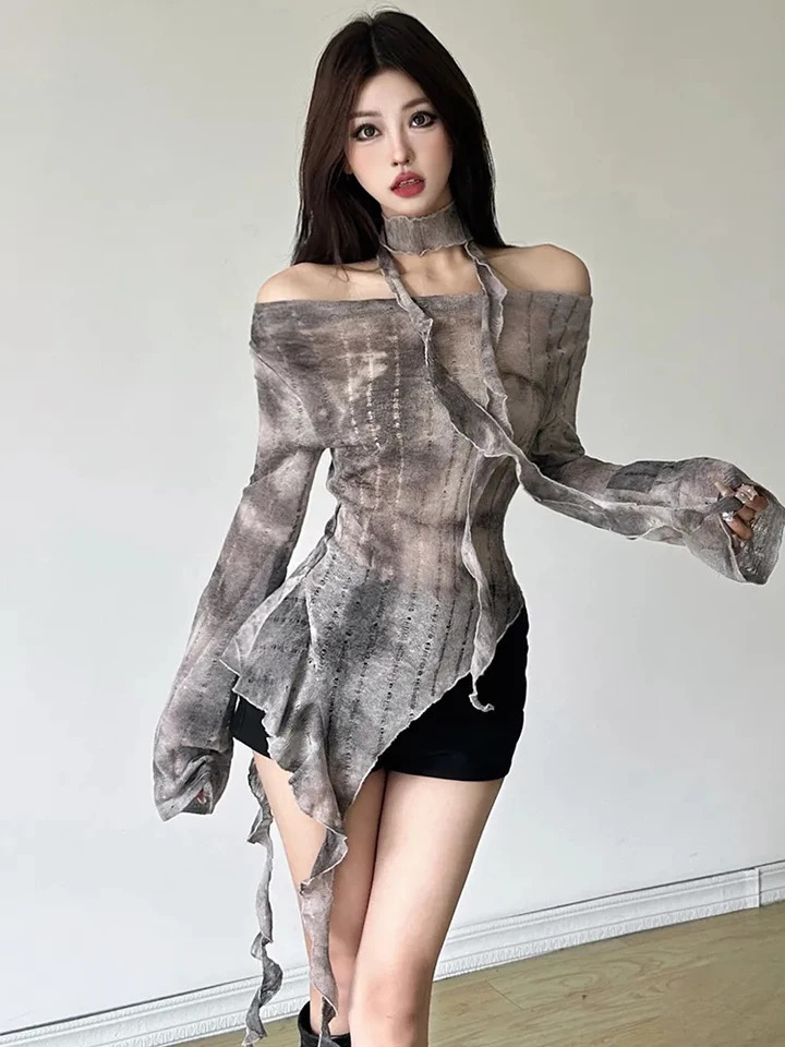 Zoki Tie Dye Y2K T Shirts Women Sexy Off Shoulder Slim Gothic Tops Streetwear Vintage Long Sleeve Lace Up Lady Slash Neck Tees 250826