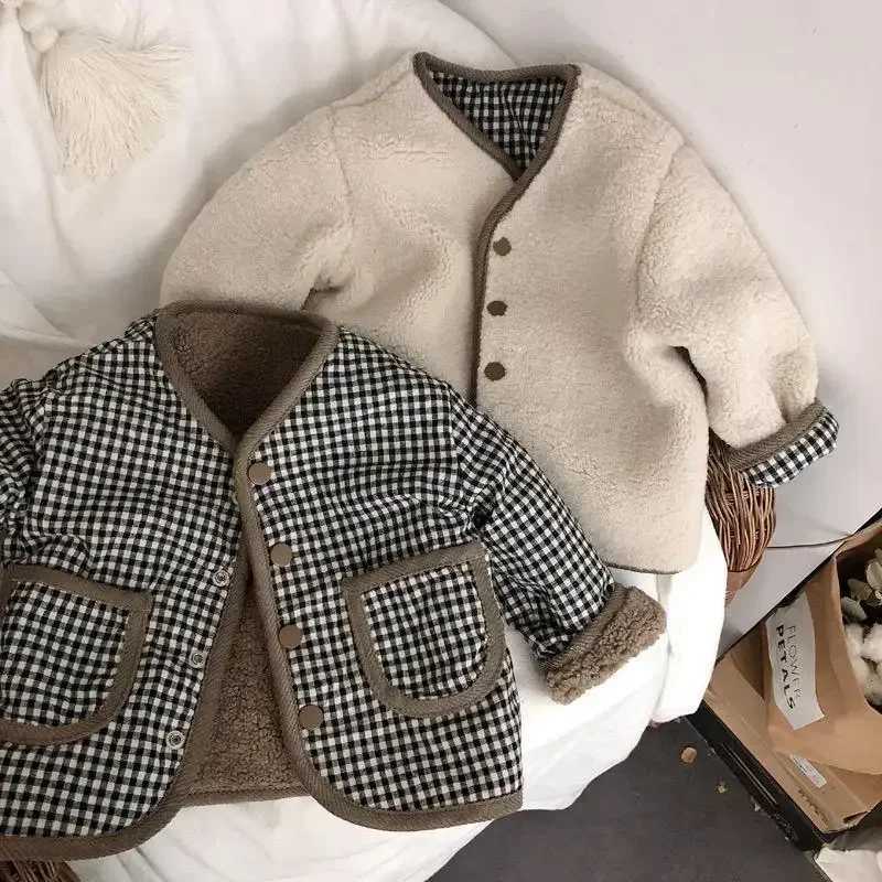 Cherry Autumn and Winter New Warm Jacket Children Two Sides Wear Plaid Plush Jacket Kids Jackets Z250826