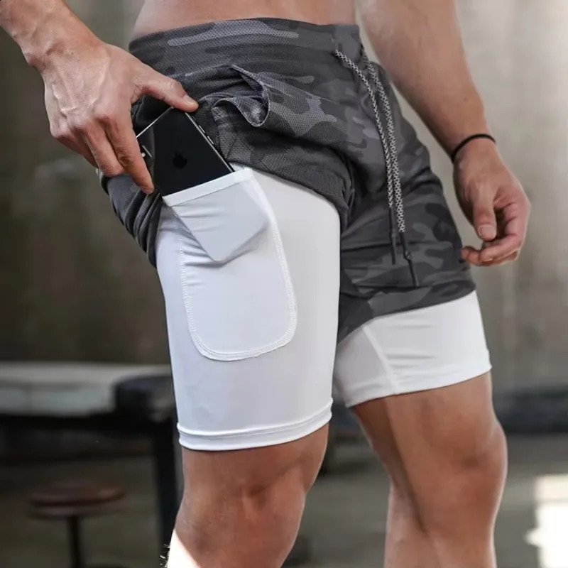 Men Running Shorts Camo Gym Sports Shorts 2 in 1 Quick Dry Workout Fitness Training Jogging Short Summer with Pocket Men Shorts 250826
