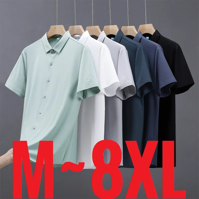 Ice Silk Shirts Man Short Sleeve Top Male Quick Dry Cool Classic Big Size 5XL 6XL 7XL 8XL Large Plus Loose Summer Social Blouse250825