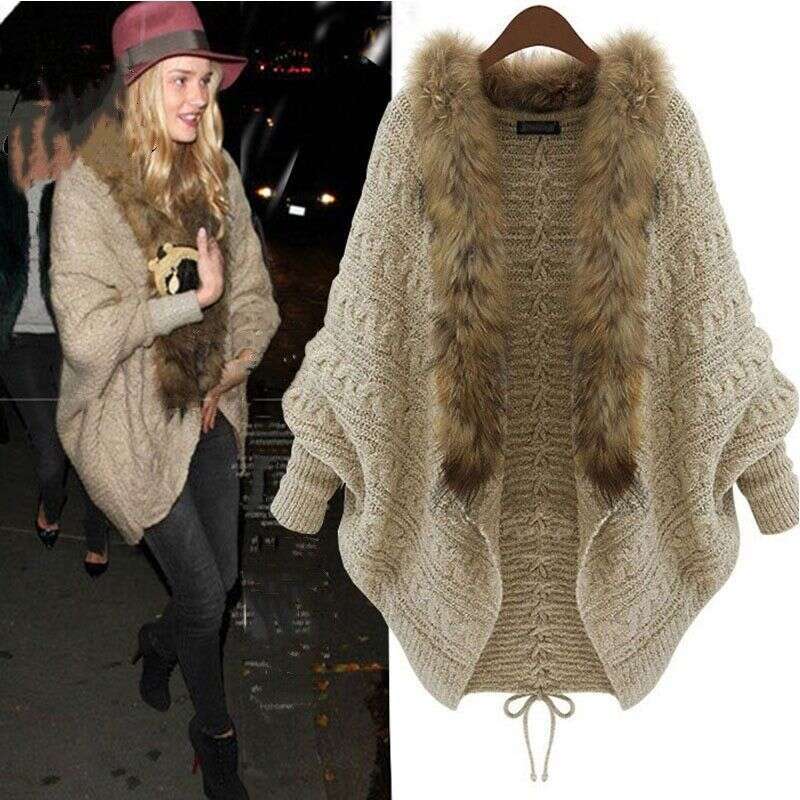 Fashion Batwing Sleeve Knit Cardigan For Women - Soft V-Neck Open Front Sweater With Faux Fur Trim, Oversized Comfort, Elegant & Versatile"