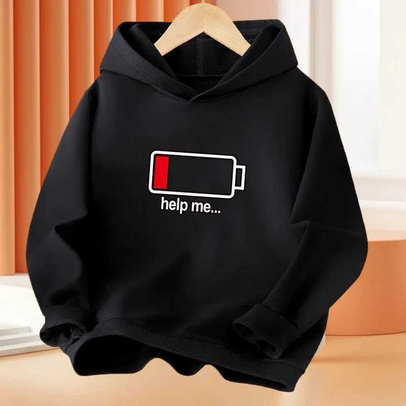 New Low Battery Help Me Printing Hooded Kids Hoodies Sweatshirts Boys Spring Autumn Hip Hop Basic Coat Z250826