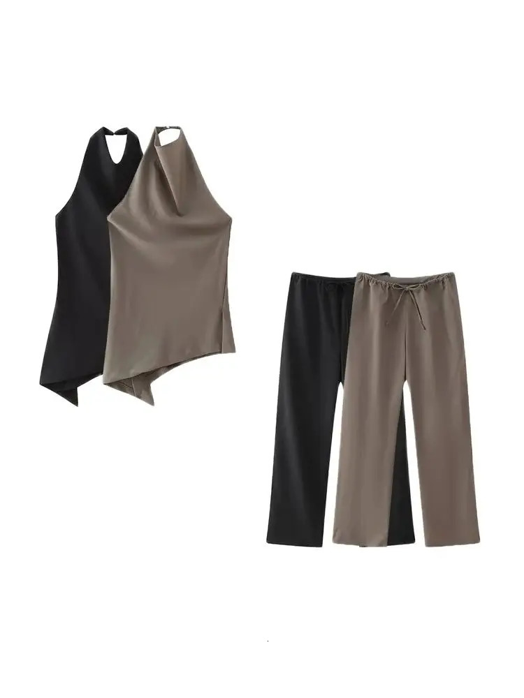 TRZAPleated Asymmetric Halter Tank Tops and Straight Pants for Women Female Two Piece Sets Fashion250825