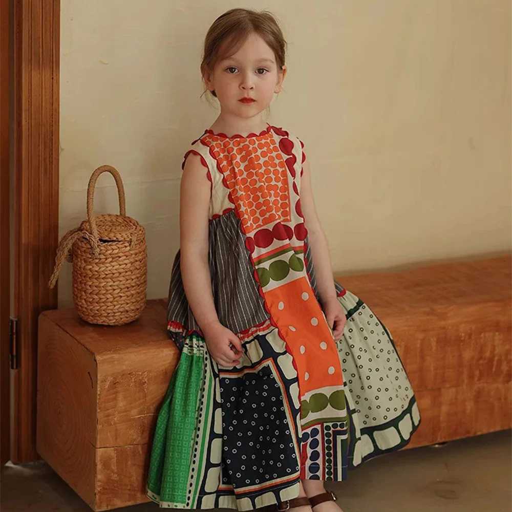 Summer Childrens Fashionable Round Neck Sleeveless Geometric Multicolor Dress Comfortable Casual Dress Womens DressXJ250826