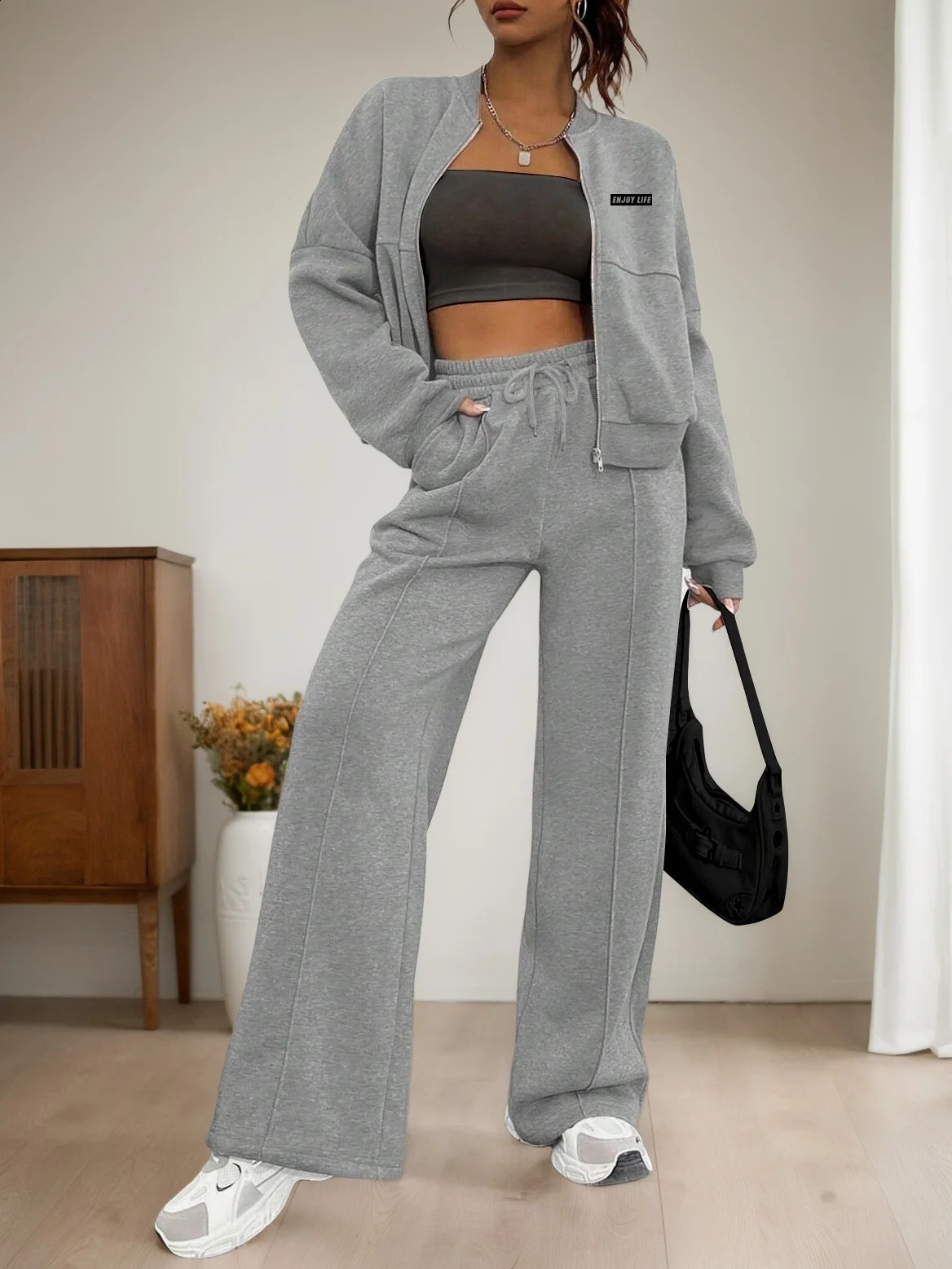 TwoPiece Set Womens Letter Patched Mock Neck Zip Up Bomber Jacket Pocket Drawstring Waist Sweatpants Casual Fashion Outfits 250826