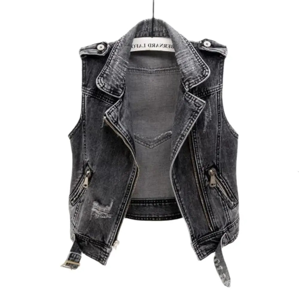 Denim Vest Women Spring Autumn Sleeveless Tops Short Jacket Splicing Outerwear Teens Gray Coat Ripped Loose Casual Waistcoats 250823