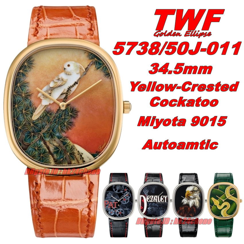 TWF Luxury Watches 34.5mm Golden Ellipse 5738 18K Gold Miyota 9015 Automatic Mens Watch Yellow-Crested Cockatoo Dial Leather Strap Gents Wristwatche
