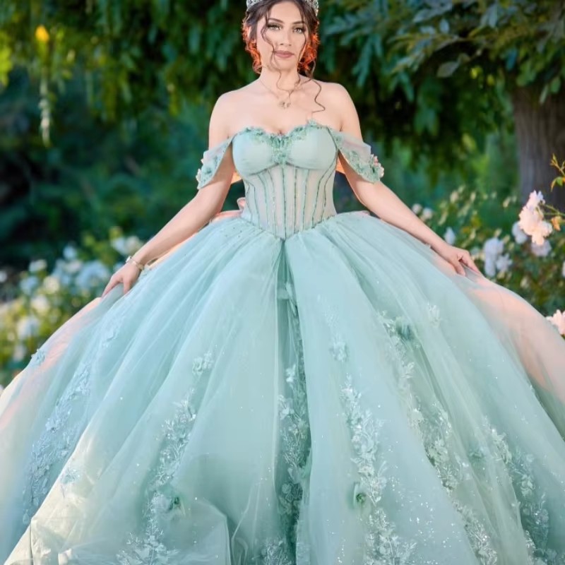 Mint Green Shiny Off The Shoulder Quinceanera Dresses Ball Gown Applique Flower Beads Bow Tull Corset Sweet 16 Dress Vestidos De 15 Anos