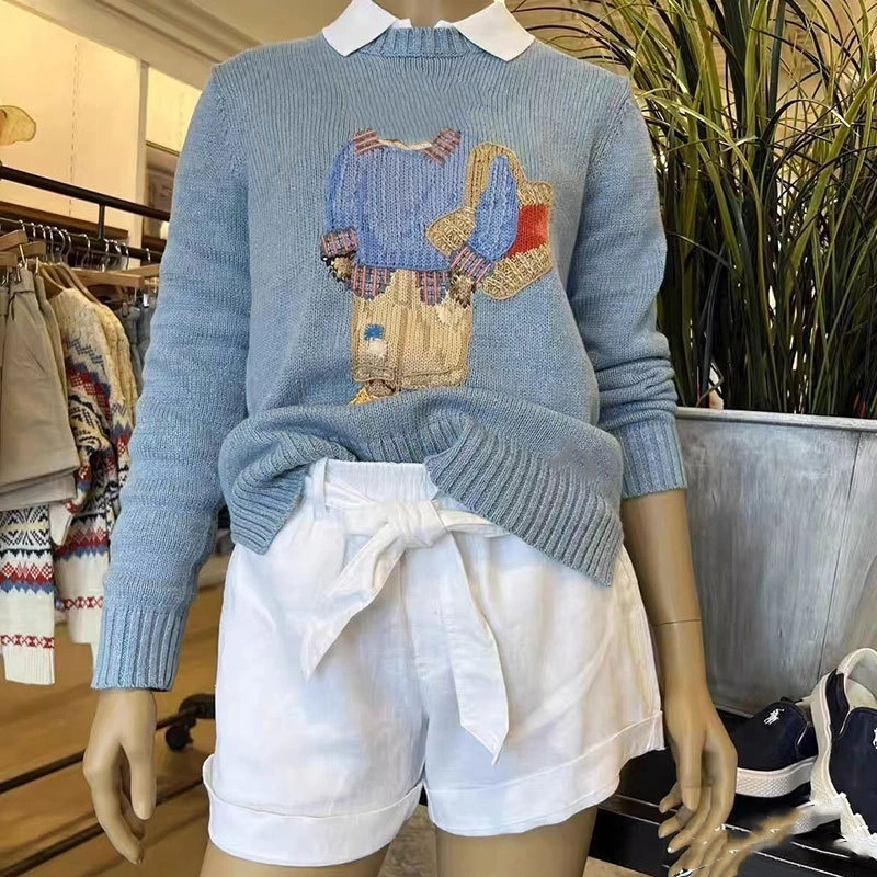 Polo en tricot pour femme - Pull à col rond - En coton épais - Graphique de dessin animé - Preppy - Unisexe - Style universitaire - Manches longu