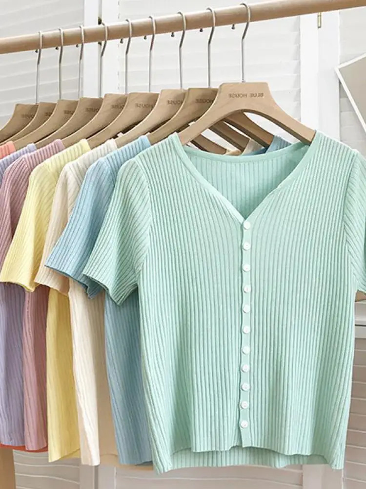 Thin Cardigan for Women Summer Cropped Button V Neck Short Sleeve Knitted Top Slim Sweater Tops Knitwear 2025 250815