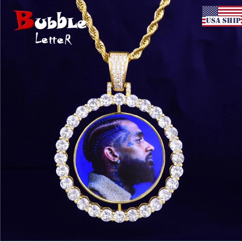 Bubble Letter Custom Po Necklace for Men Rotating Double-Sided Medallions Spinning Pendant Hip Hop Jewelry250821