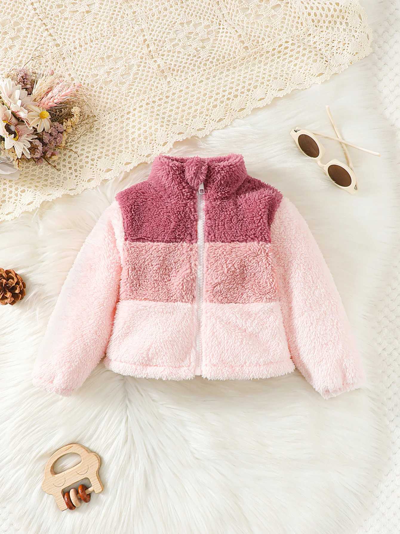 28 Years Kids Girl Plush Overcoat Long Sleeves Lapel Zippered Coat for Winter Outdoor Wear Fashion Color Blocking Warm Top Z250826
