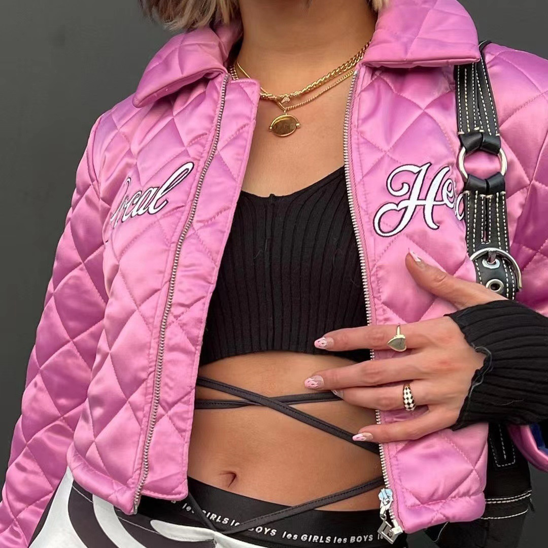 European and American letter embroidery lapel zipper short jacket for women autumn and winter new casual long sleeved slim fit cotton jacket